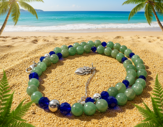 Attractive Cobalt Blue Crystals and Green Quartz and Silver Hematite Necklace