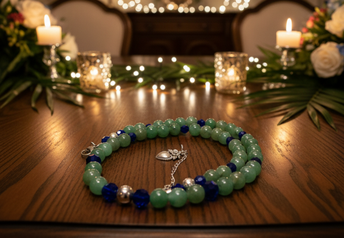 Attractive Cobalt Blue Crystals and Green Quartz and Silver Hematite Necklace