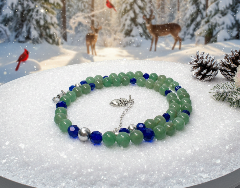 Attractive Cobalt Blue Crystals and Green Quartz and Silver Hematite Necklace
