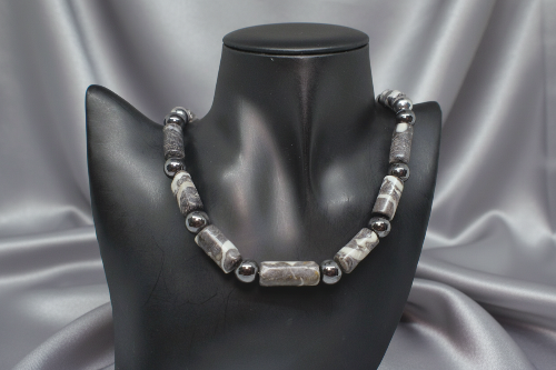 Exquisite Zebra Jasper, and Natural Hematite Beaded Necklace