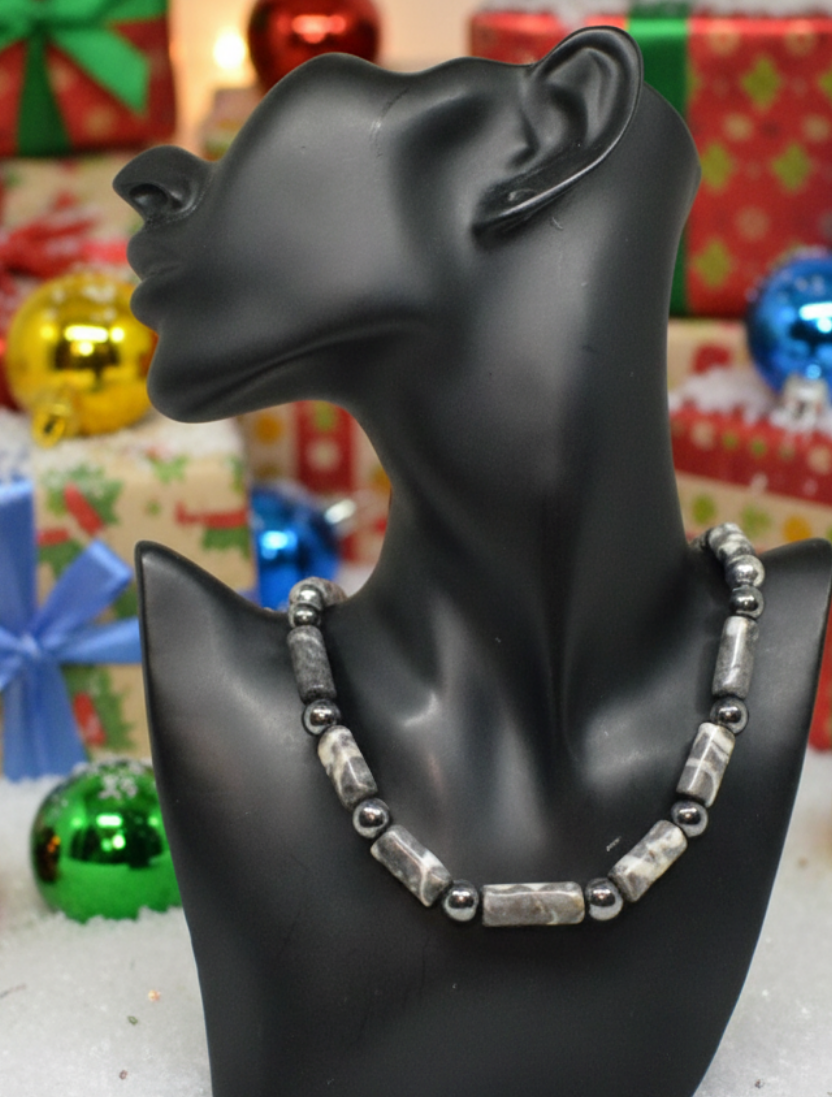 Exquisite Zebra Jasper, and Natural Hematite Beaded Necklace