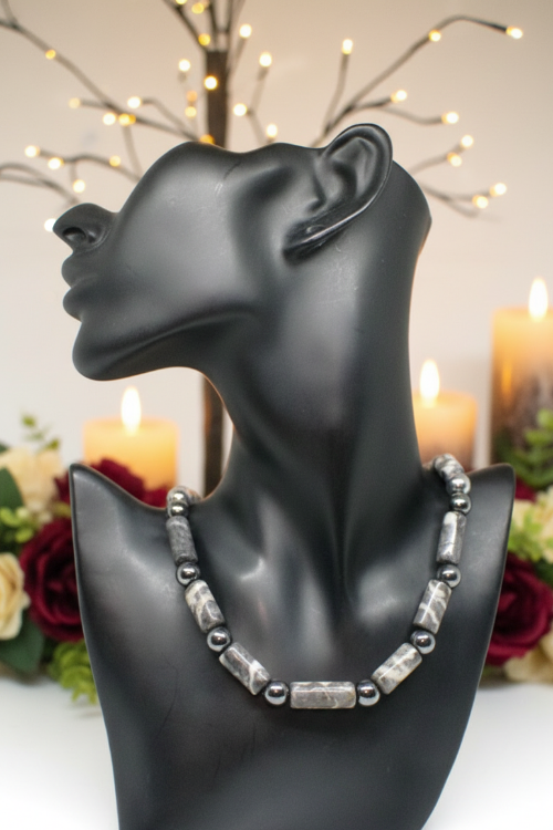 Exquisite Zebra Jasper, and Natural Hematite Beaded Necklace