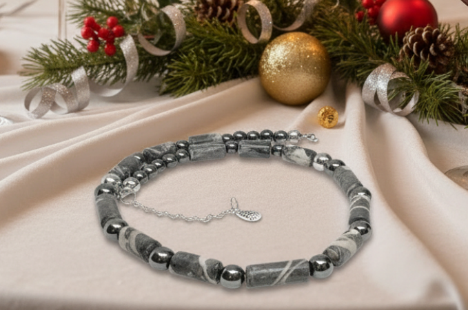 Exquisite Zebra Jasper, and Natural Hematite Beaded Necklace