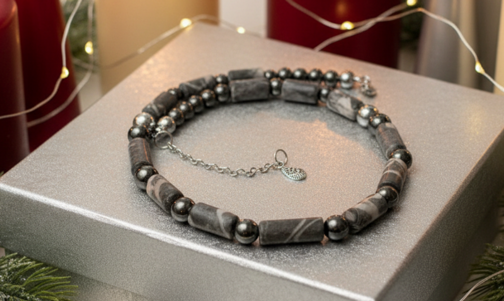 Exquisite Zebra Jasper, and Natural Hematite Beaded Necklace