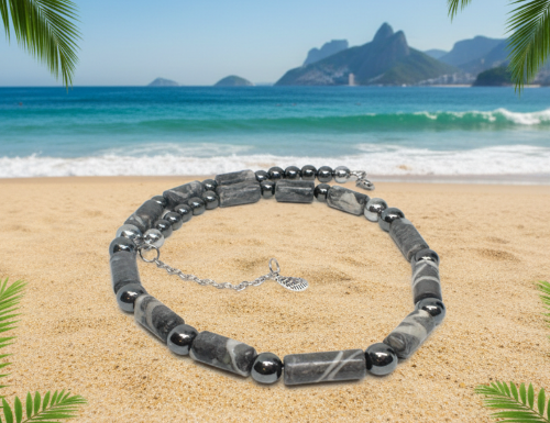 Exquisite Zebra Jasper, and Natural Hematite Beaded Necklace