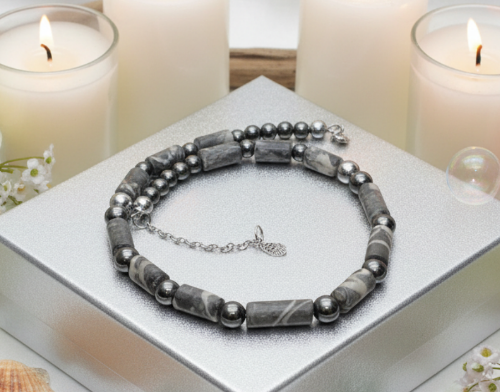 Exquisite Zebra Jasper, and Natural Hematite Beaded Necklace