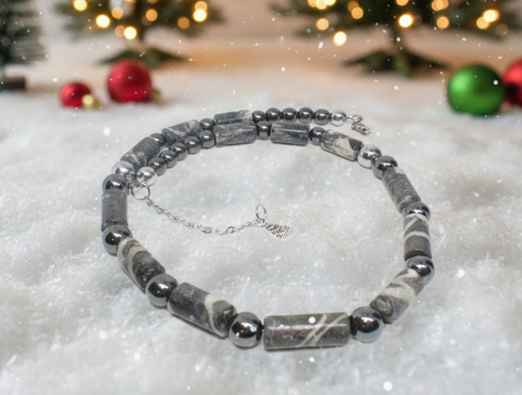 Exquisite Zebra Jasper, and Natural Hematite Beaded Necklace