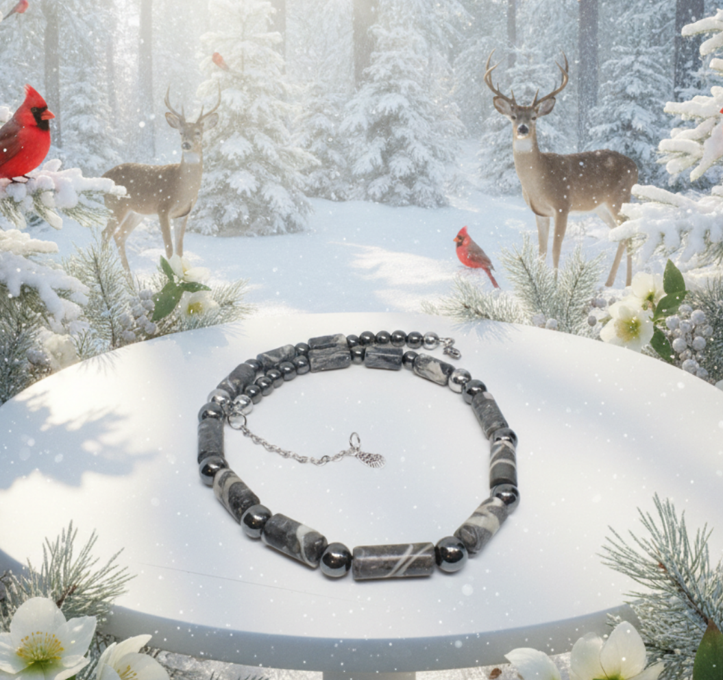 Exquisite Zebra Jasper, and Natural Hematite Beaded Necklace