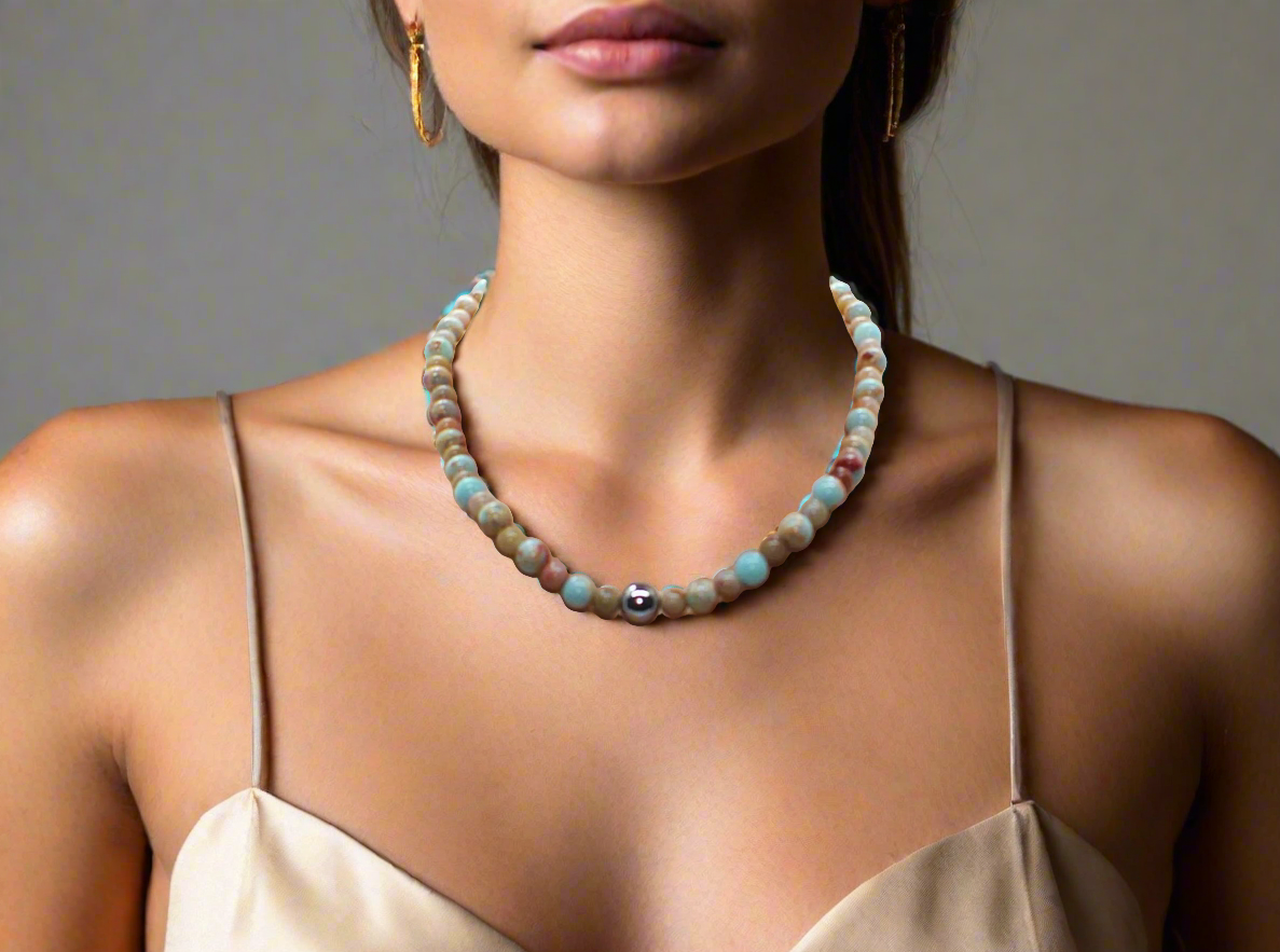 Lovely Sky Blue Jasper, Quartz and Silver Hematite Necklace