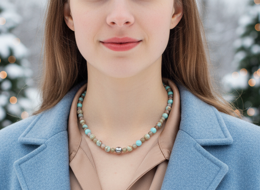 Lovely Sky Blue Jasper, Quartz and Silver Hematite Necklace