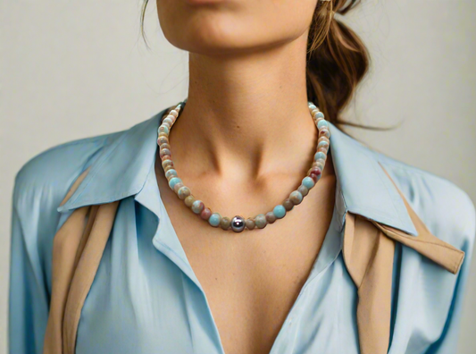 Lovely Sky Blue Jasper, Quartz and Silver Hematite Necklace