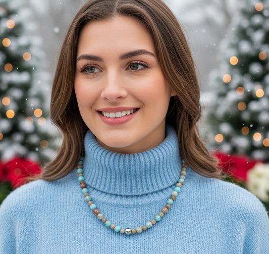 Lovely Sky Blue Jasper, Quartz and Silver Hematite Necklace