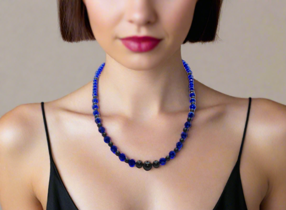 Ravishing Cobalt Blue Crystal and Black Onyx Necklace