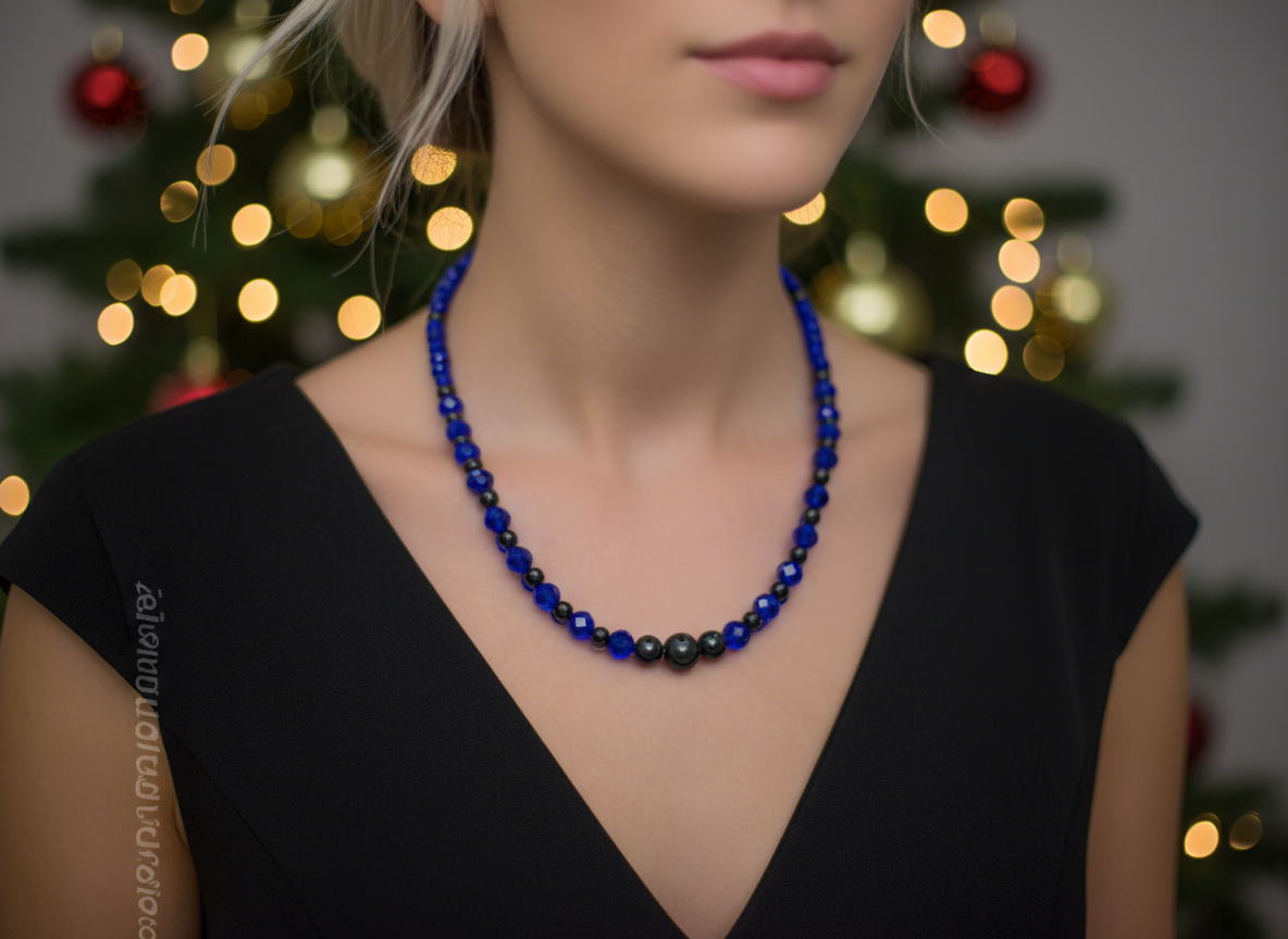 Ravishing Cobalt Blue Crystal and Black Onyx Necklace