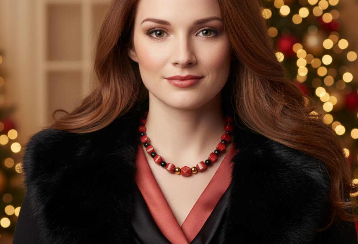 Stunning Coral, Black Onyx and Silver Hematite Necklace