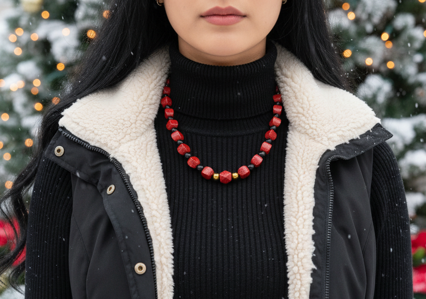 Stunning Coral, Black Onyx and Silver Hematite Necklace