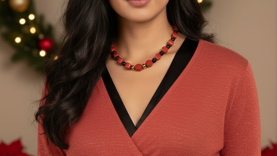 Stunning Coral, Black Onyx and Silver Hematite Necklace
