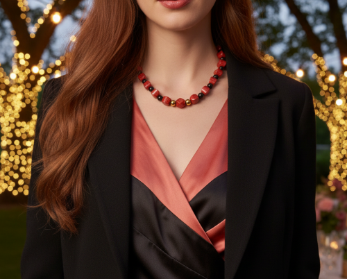 Stunning Coral, Black Onyx and Silver Hematite Necklace