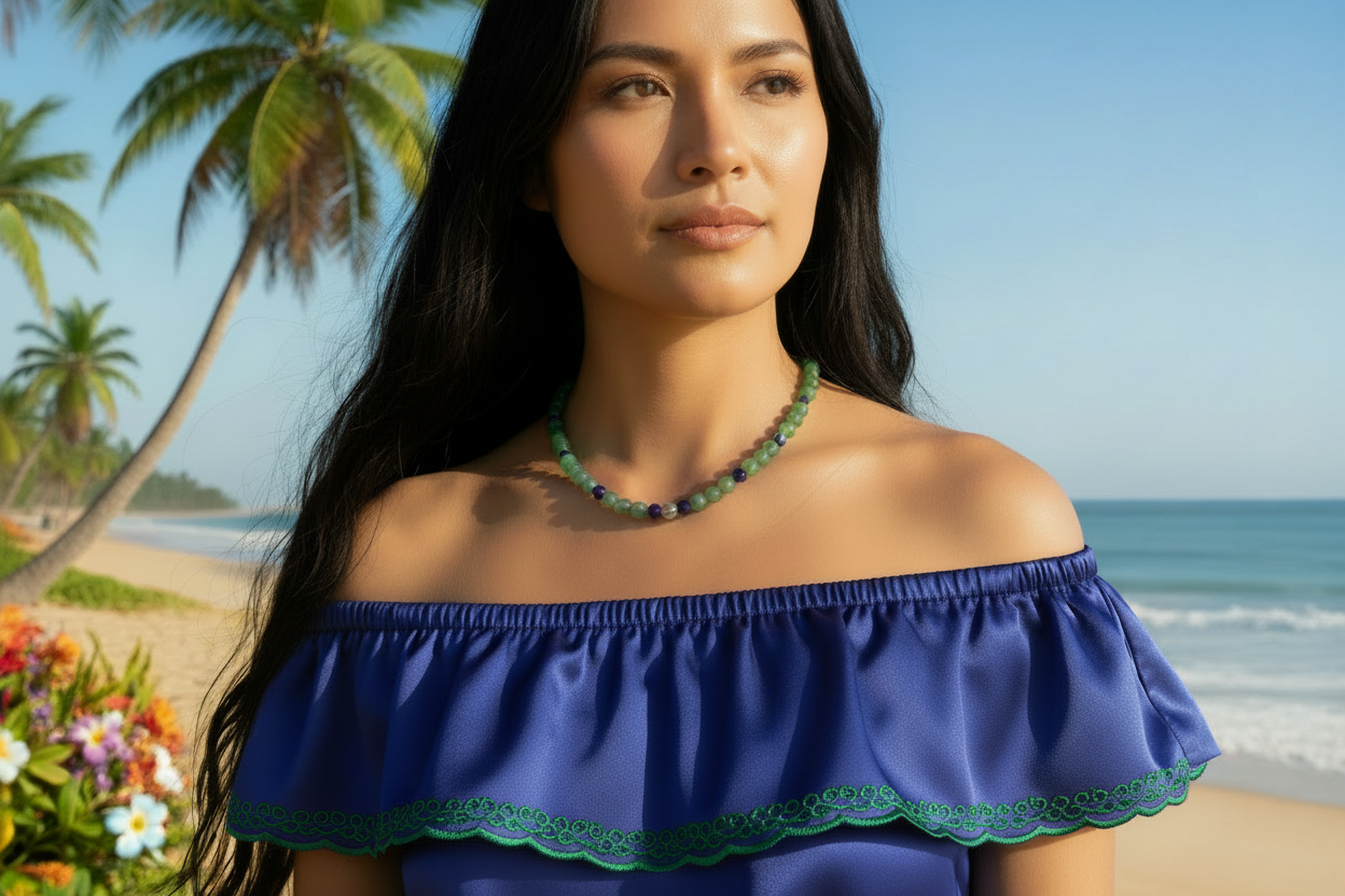 Attractive Cobalt Blue Crystals and Green Quartz and Silver Hematite Necklace