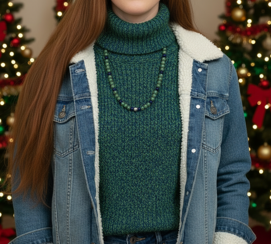 Attractive Cobalt Blue Crystals and Green Quartz and Silver Hematite Necklace