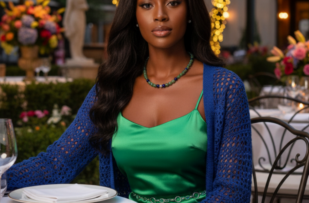 Attractive Cobalt Blue Crystals and Green Quartz and Silver Hematite Necklace