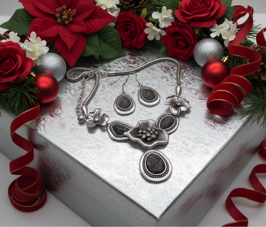 Breath Taking Black and Silver Flower Necklace Set