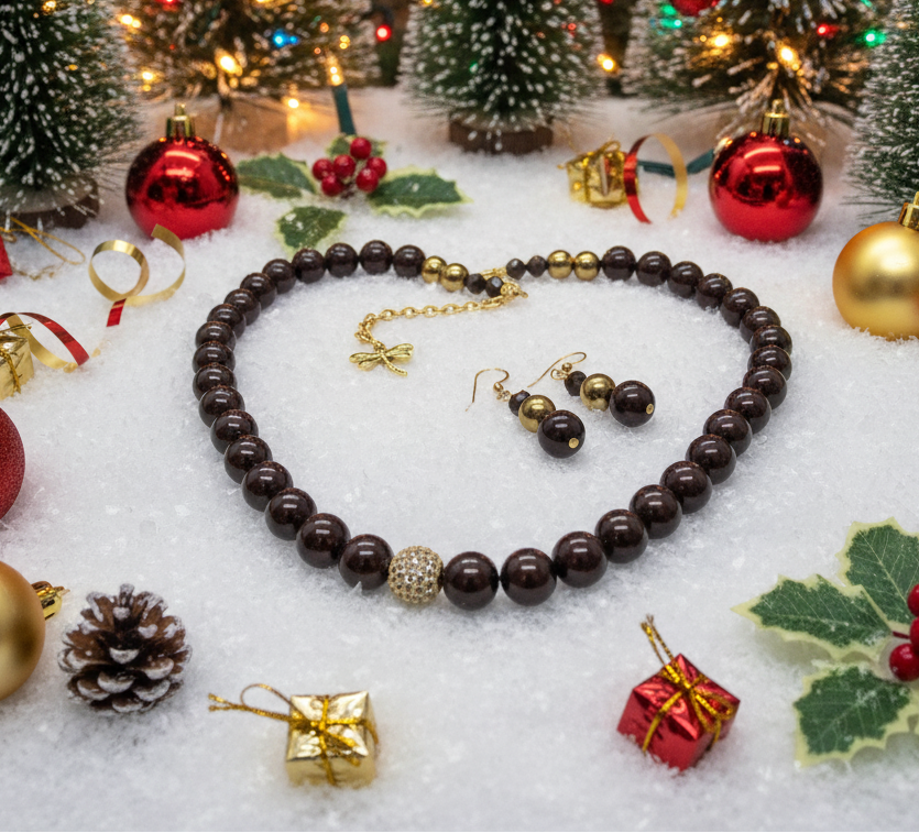 Beautiful One-of-a-Kind, Mocha Crystals and Pearl Necklace Set with CZ ball-handcrafted by Artistry Jewelry