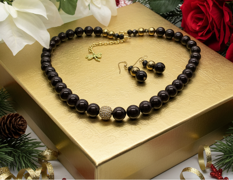 Beautiful One-of-a-Kind, Mocha Crystals and Pearl Necklace Set with CZ ball-handcrafted by Artistry Jewelry