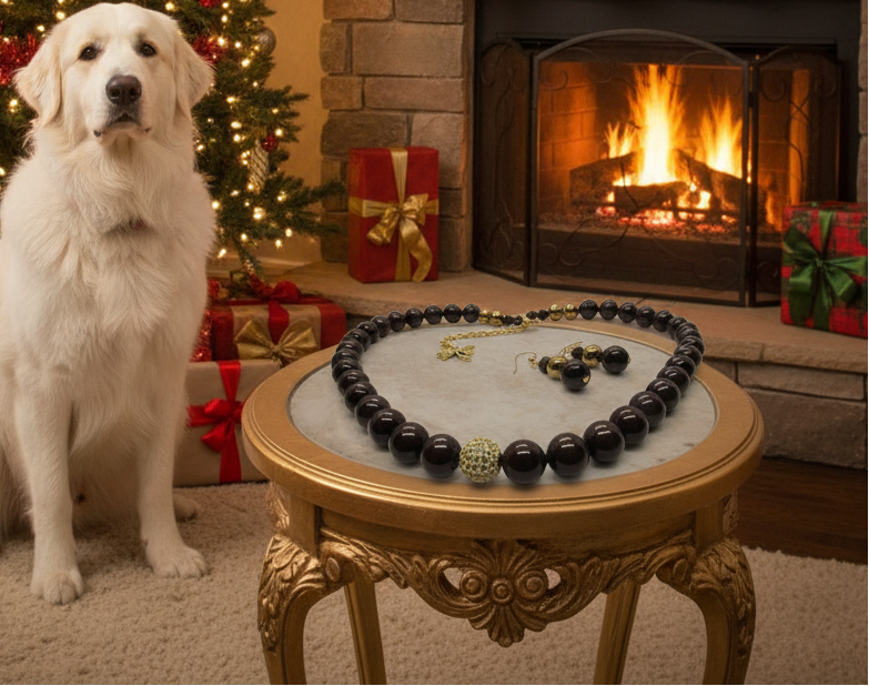 Beautiful One-of-a-Kind, Mocha Crystals and Pearl Necklace Set with CZ ball-handcrafted by Artistry Jewelry