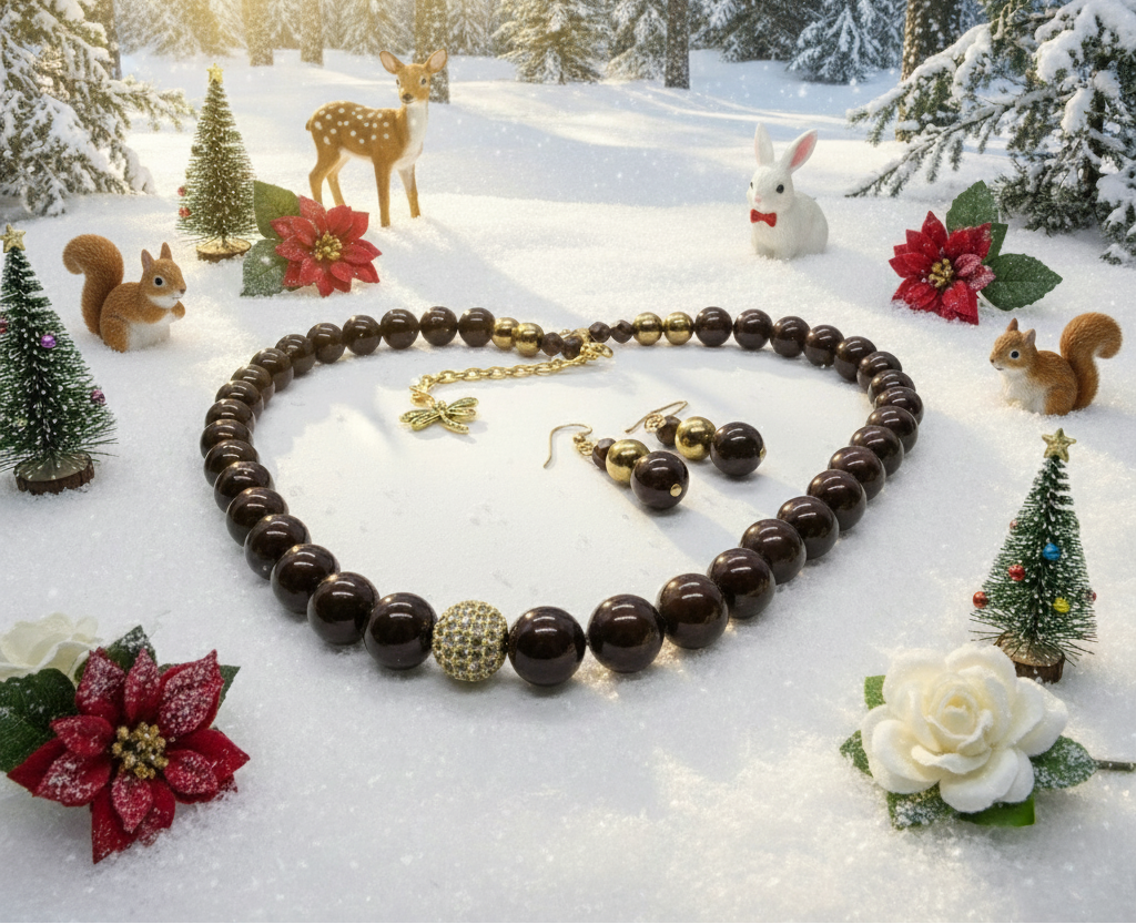 Beautiful One-of-a-Kind, Mocha Crystals and Pearl Necklace Set with CZ ball-handcrafted by Artistry Jewelry