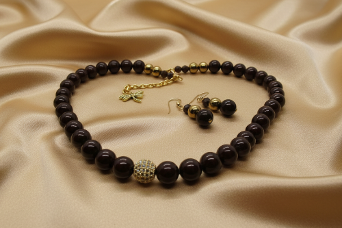 Beautiful One-of-a-Kind, Mocha Crystals and Pearl Necklace Set with CZ ball-handcrafted by Artistry Jewelry