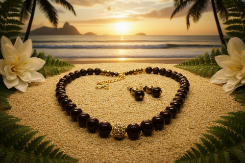 Beautiful One-of-a-Kind, Mocha Crystals and Pearl Necklace Set with CZ ball-handcrafted by Artistry Jewelry