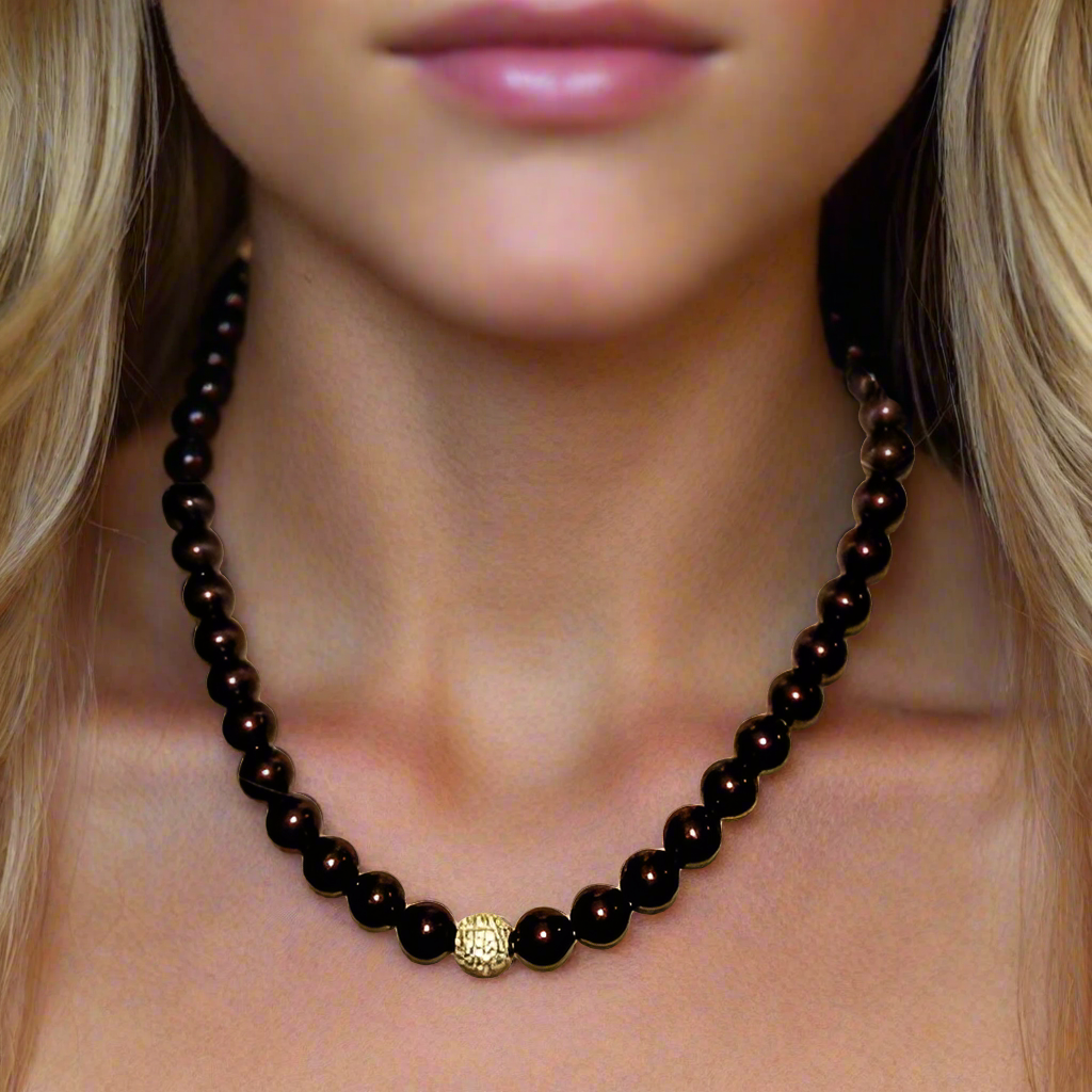 Beautiful One-of-a-Kind, Mocha Crystals and Pearl Necklace Set with CZ ball-handcrafted by Artistry Jewelry