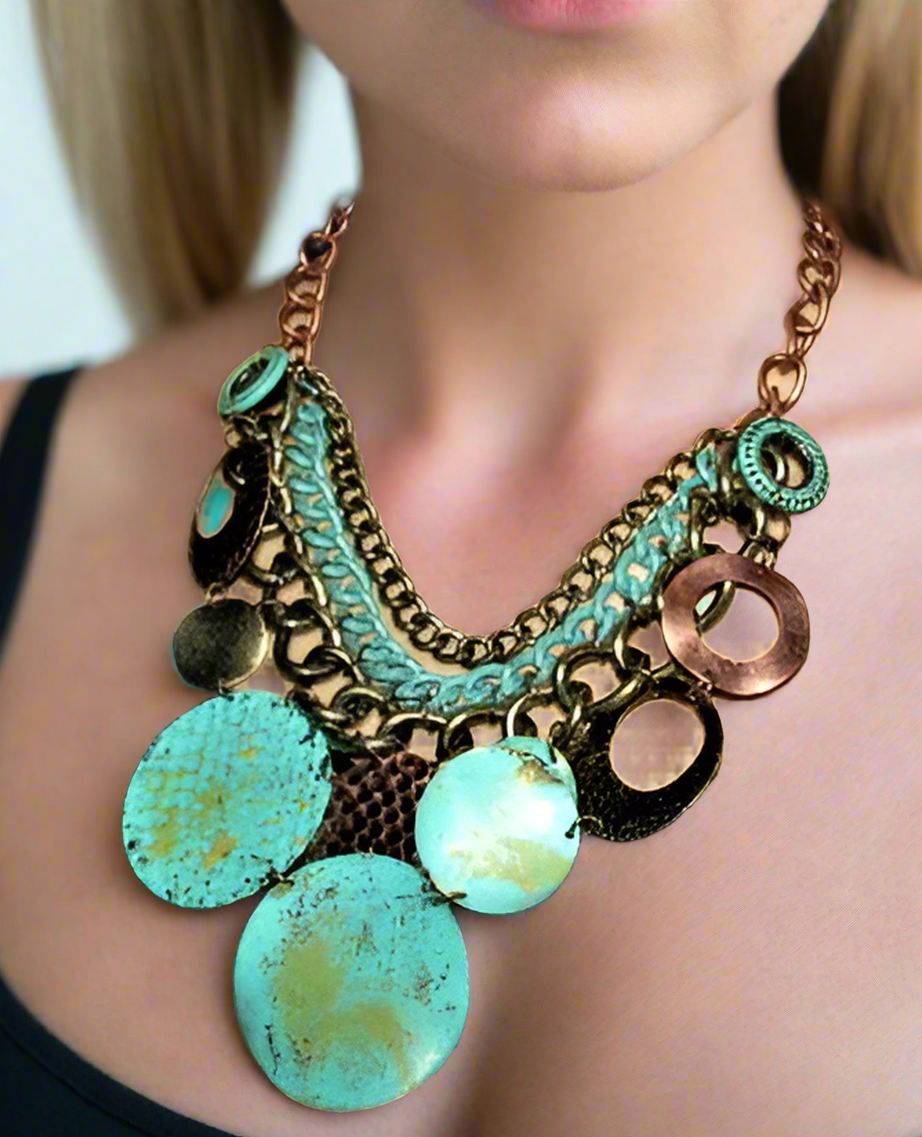 https://www.artistryjewelry.net/products/green-patina-dangle-necklace-set
