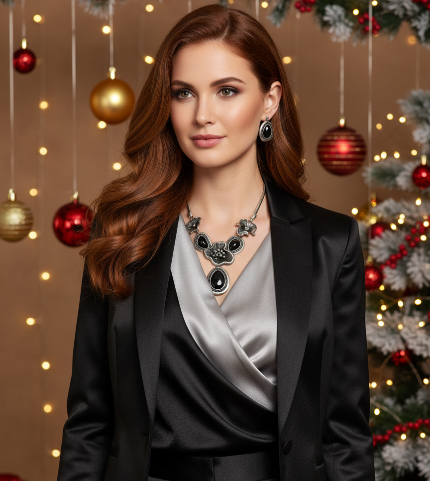 Breath Taking Black and Silver Flower Necklace Set