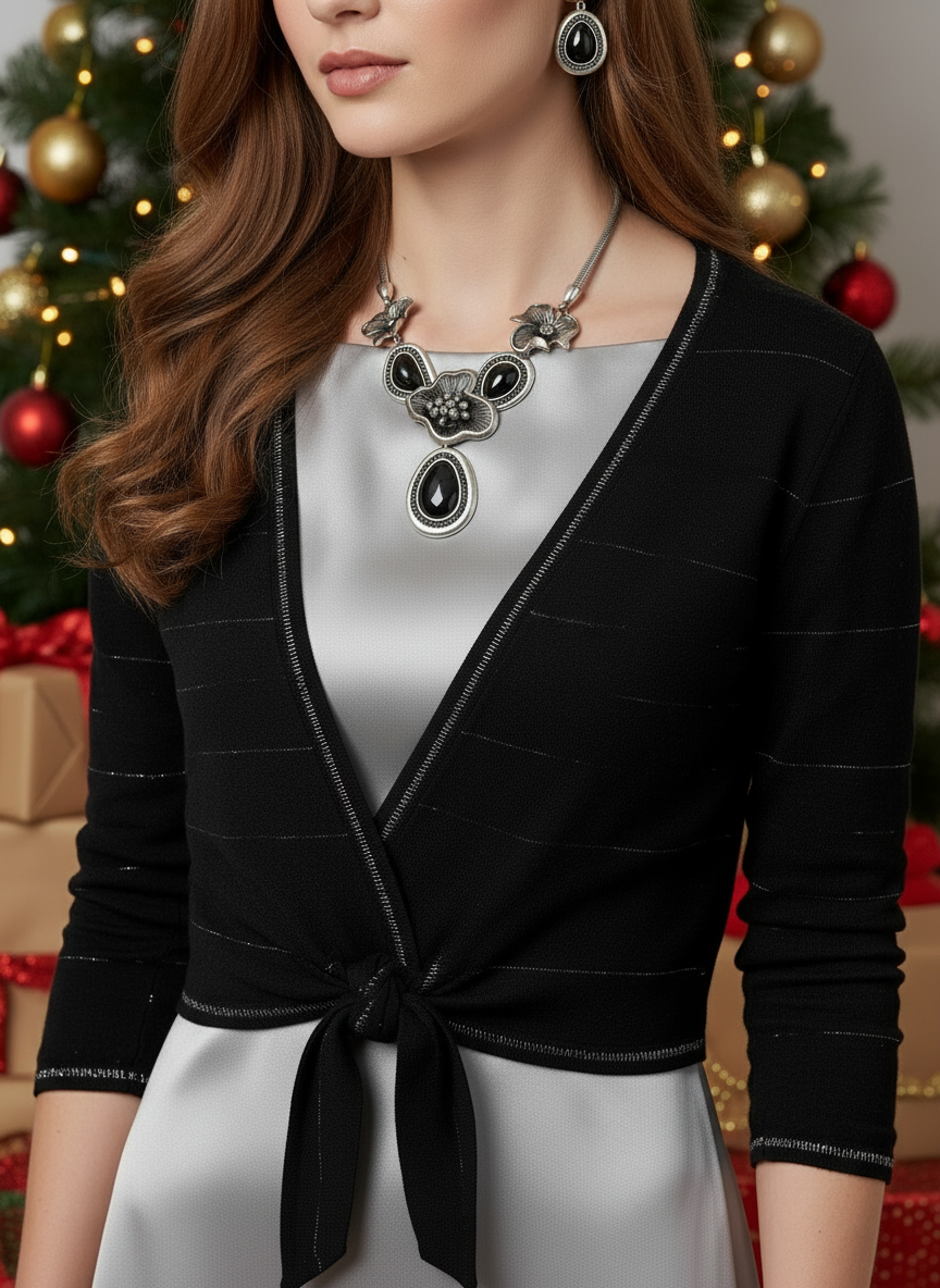 Breath Taking Black and Silver Flower Necklace Set