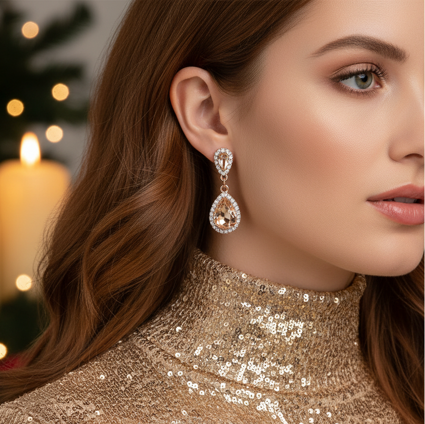 Lovely Champagne Teardrop Rhinestone Earrings