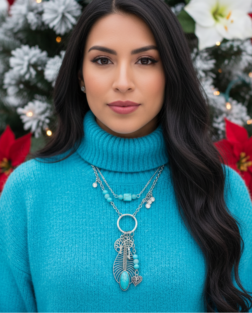 Stunning Turquoise Feather, Amazonite, Magnesite, and Tibetian Silver, Two-Strand, Chain Necklaces, One-of-a-Kind-crafted by Artistry Jewelry