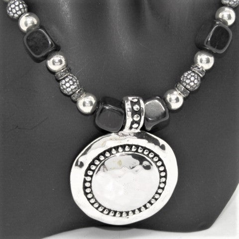 Stunning Silver & Black Pendant, Blackstone cubes and Czech Crystals, Beaded Necklace Set-crafted by Artistry Jewelry