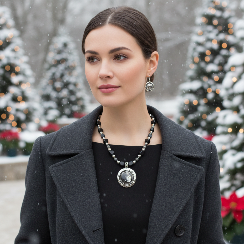 Stunning Silver & Black Pendant, Blackstone cubes and Czech Crystals, Beaded Necklace Set-crafted by Artistry Jewelry