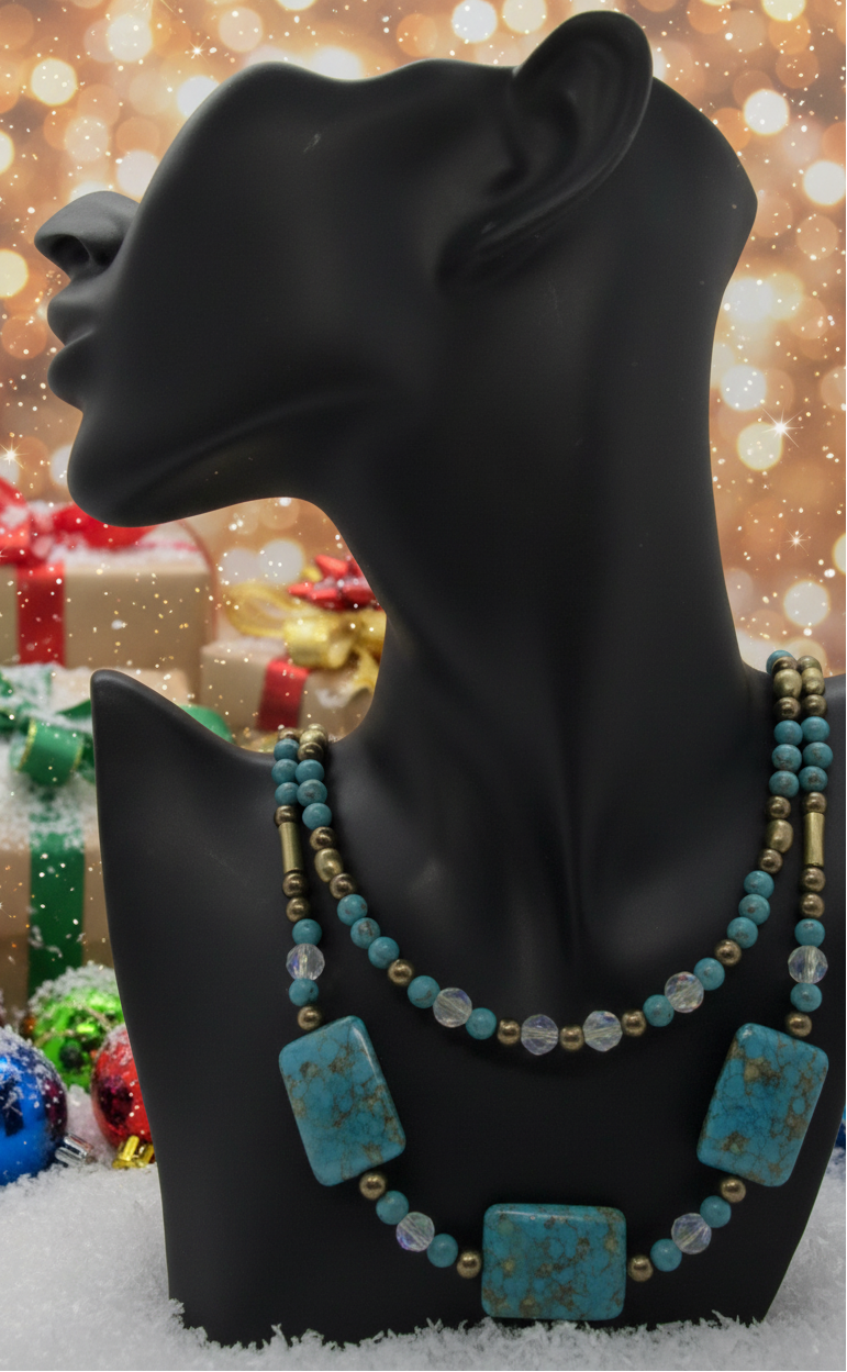 Lovely Blue Mosaic Turquoise, and Austrian Crystal, Two-strand, Forever Beaded Necklace-crafted by Artistry Jewelry