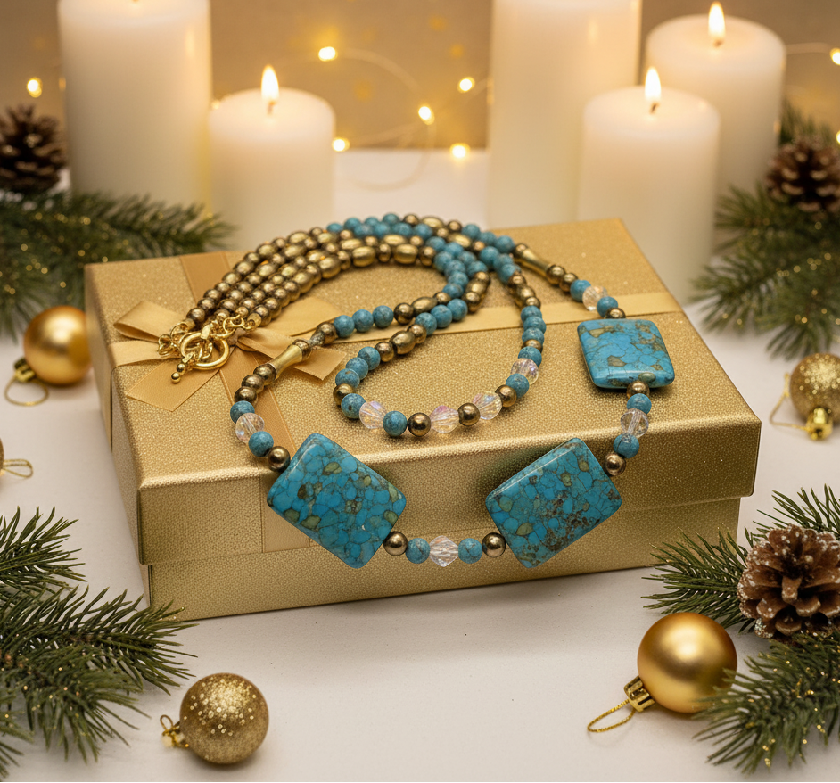 Lovely Blue Mosaic Turquoise, and Austrian Crystal, Two-strand, Forever Beaded Necklace-crafted by Artistry Jewelry