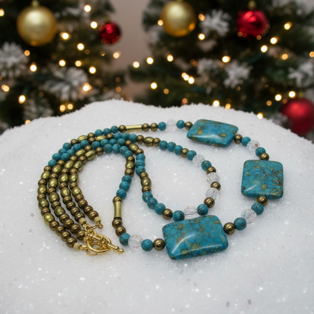 Lovely Blue Mosaic Turquoise, and Austrian Crystal, Two-strand, Forever Beaded Necklace-crafted by Artistry Jewelry