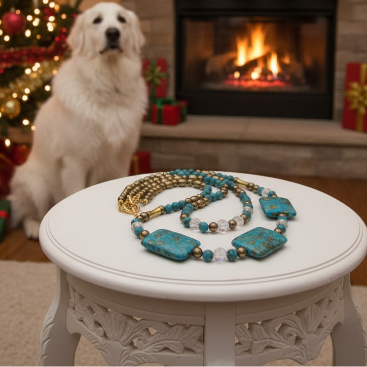 Lovely Blue Mosaic Turquoise, and Austrian Crystal, Two-strand, Forever Beaded Necklace-crafted by Artistry Jewelry