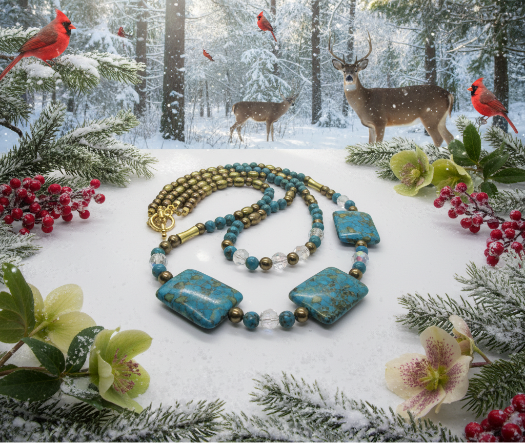 Lovely Blue Mosaic Turquoise, and Austrian Crystal, Two-strand, Forever Beaded Necklace-crafted by Artistry Jewelry