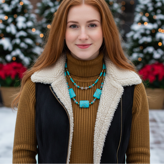 Lovely Blue Mosaic Turquoise, and Austrian Crystal, Two-strand, Forever Beaded Necklace-crafted by Artistry Jewelry