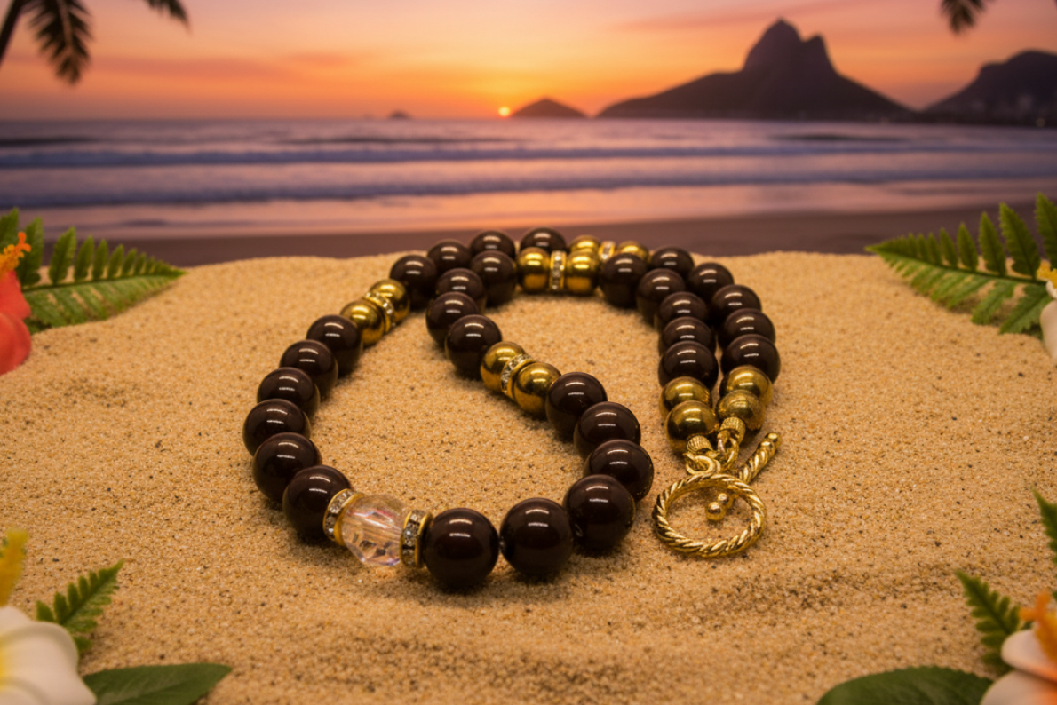 Beautiful Golden Shadow Crystal, Maroon Pearl and Gold Hematite Semi-precious Necklace-handcrafted by Artistry Jewelry