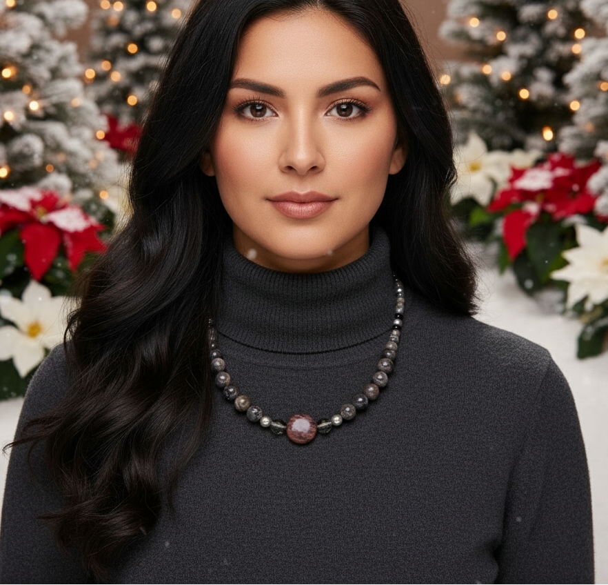 Gorgeous Natural Red Sesame, Black Lace Marble, and Crystal, semi-precious, One-of-a-Kind, Beaded Necklace-handcrafted by Artistry Jewelry
