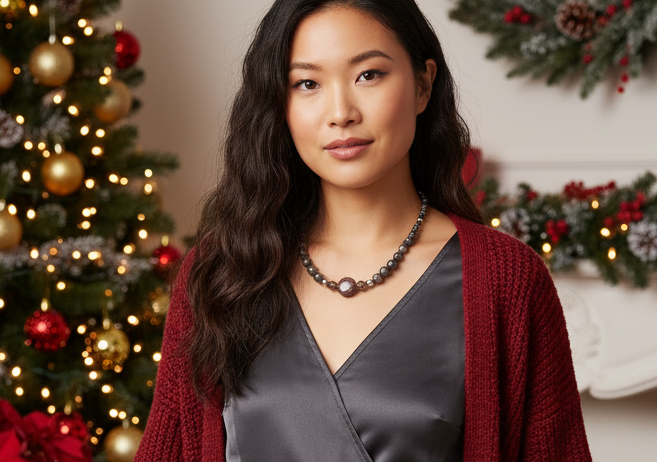 Gorgeous Natural Red Sesame, Black Lace Marble, and Crystal, semi-precious, One-of-a-Kind, Beaded Necklace-handcrafted by Artistry Jewelry