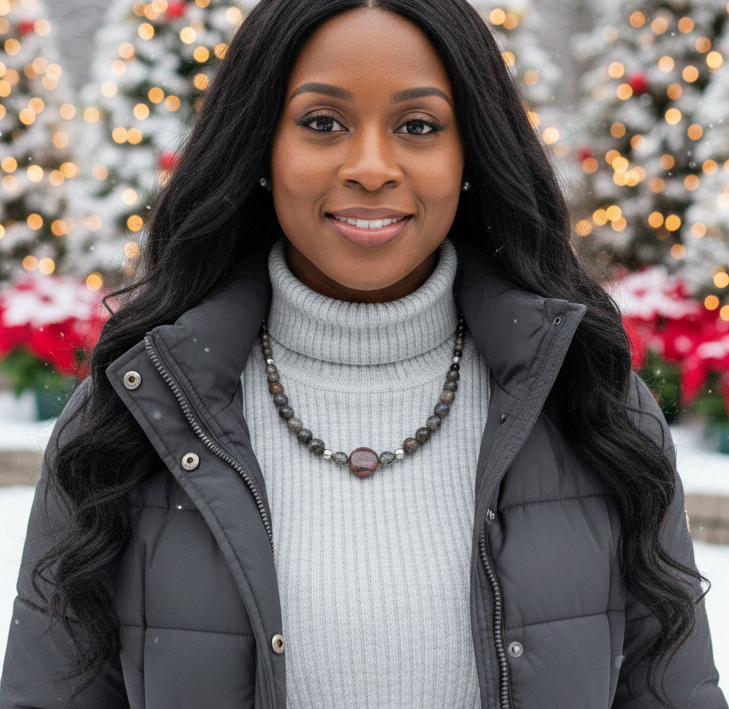 Gorgeous Natural Red Sesame, Black Lace Marble, and Crystal, semi-precious, One-of-a-Kind, Beaded Necklace-handcrafted by Artistry Jewelry